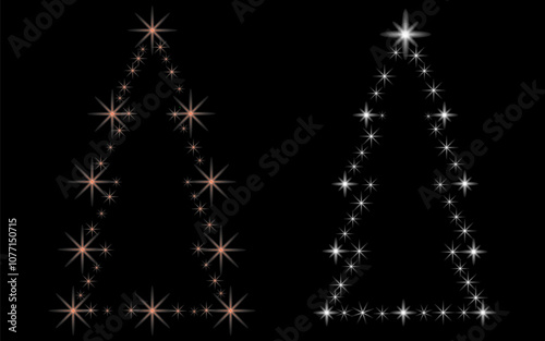 A set of icons. New Year and Christmas tree made of gold and silver stars. Vector graphics