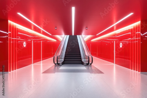 Modern Escalator in Red and White Interior photo