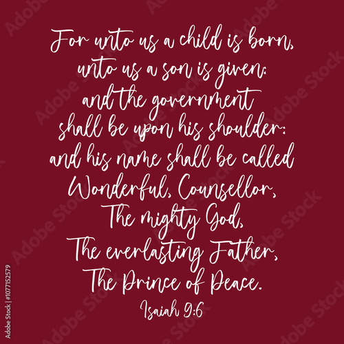Christmas Bible Verse on red background, Isaiah 9:6, His name shall be called Wonderful, Counsellor, The mighty God, The everlasting Father, The Prince of Peace, Christmas card, vector illustration