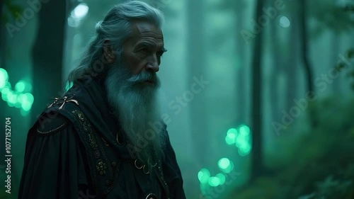 Old Man with White Beard Standing in a Forest with Glowing Lights