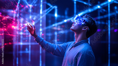 Immersive virtual reality experience with man wearing VR goggles