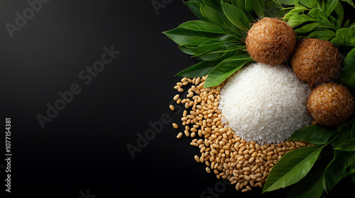 A set of ingredients, Bua Loy glutinous rice balls, coconut milk, sugar, pandan, sesame seeds, taro photo