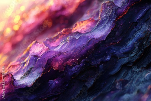 Abstract close-up of vibrant colorful textures resembling cosmic waves with shades of purple, pink, and orange, showcasing depth and intricate patterns in nature-inspired design