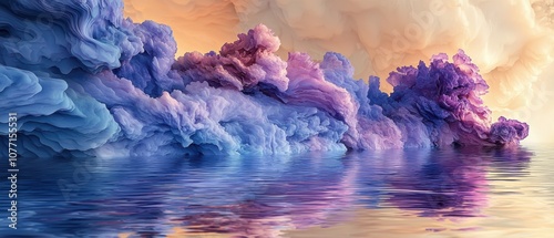 Colorful Abstract Clouds Above Tranquil Water at Sunset, Blending Soft Pastels and Rich Purples in an Ethereal Landscape