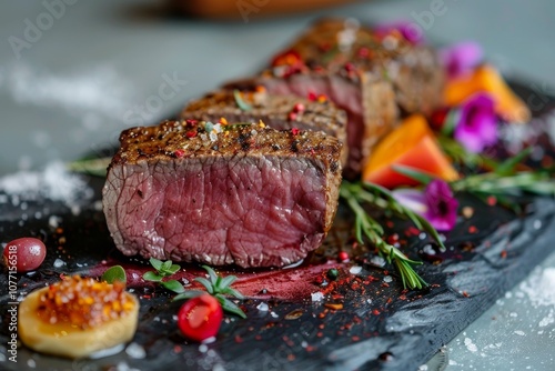 A succulent piece of steak served on a black plate, Vibrant colors representing the tenderness of dry-aged beef