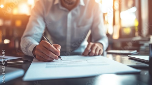 Business professional signing documents at a desk in an office