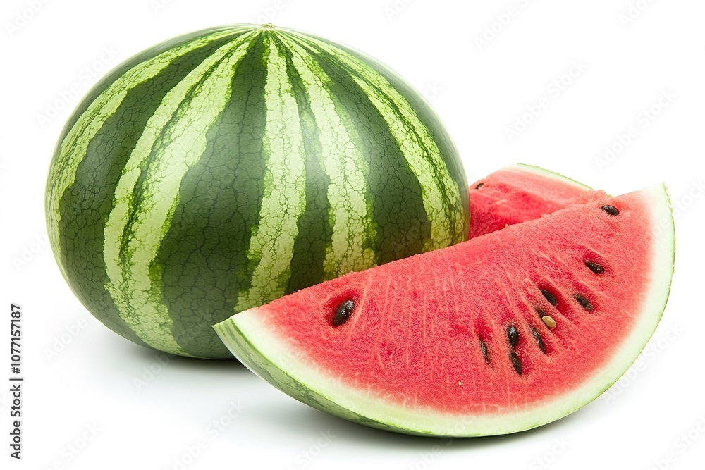 Fresh whole watermelon with sliced piece on white Fresh whole watermelon with sliced piece on white