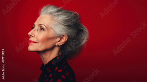 Elderly Woman With Grey Hair and Red Lipstick Poses Gracefully on a Vibrant Red Background photo