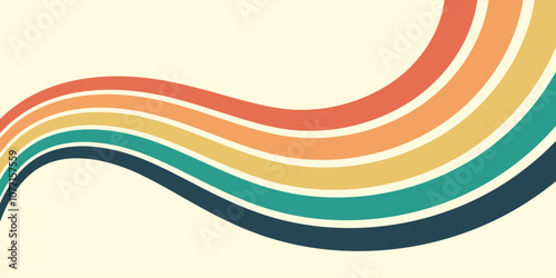 Abstract colorful 70s background vector. Vintage retro wallpaper with rainbow stripes and wavy lines. A 1970 color illustration suitable for posters, banners, decorative items and wall art.