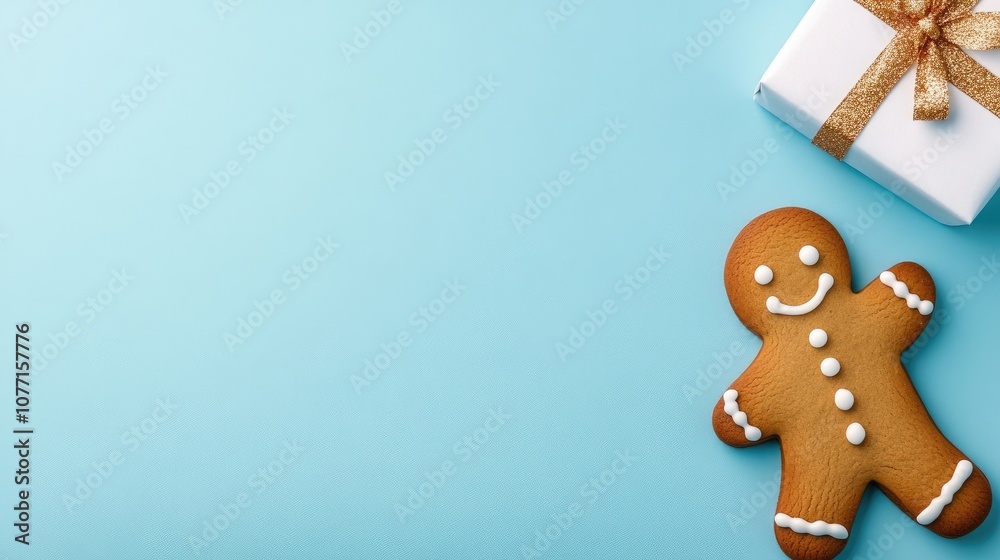 Fototapeta premium Festive gingerbread man cookie beside a beautifully wrapped gift box on a cheerful blue background, perfect for Christmas celebrations