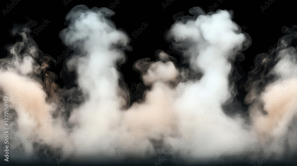 Fototapeta premium Billowing clouds of white smoke or steam rising in front of a black background, creating a dramatic and atmospheric effect.