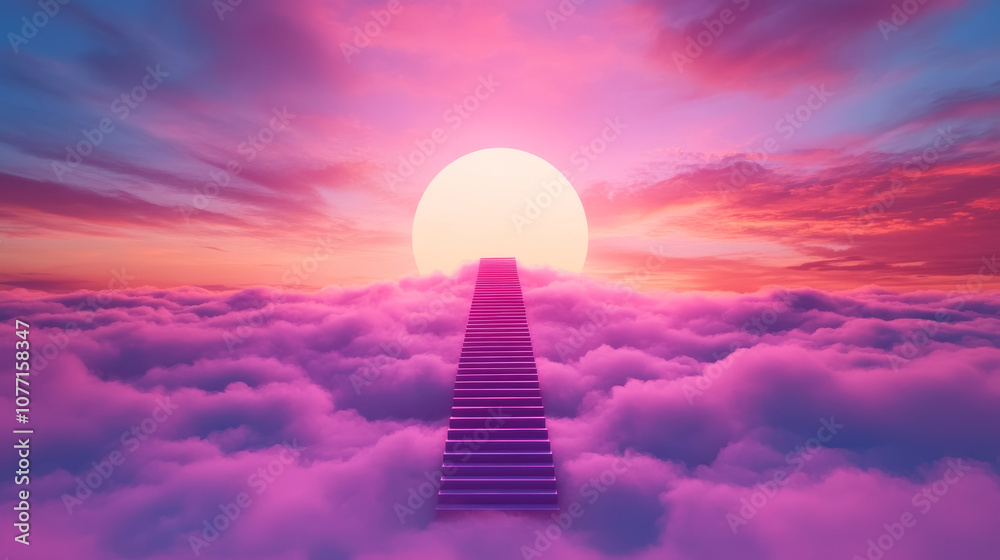 Fototapeta premium A staircase leading up to a bright sun in a pink and blue sky.
