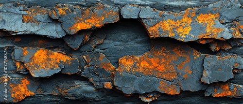 Abstract Background of Textured Rock Surface with Vibrant Orange Lichen, Cracked Layers, and Deep Shadows for Artistic and Natural Compositions