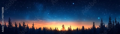Night Sky with Stars and Pine Trees -  Realistic Landscape Illustration