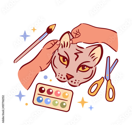 Quadrobic. Creative art, handmade cat mask using craft materials, fun aesthetic expression. Vector illustration. For sticker, design element.