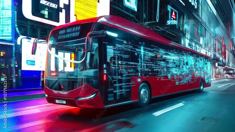 An innovative red bus moves through a vibrant cityscape illuminated by neon lights, highlighting its modern design and technology