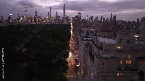 Aerial view of Central Park and the Manhattan skyline at night