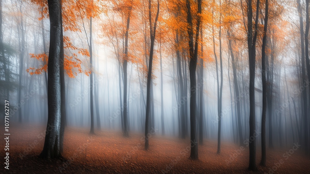Obraz premium Mysterious forest, fog weaving between trees, soft light, quiet atmosphere.