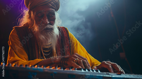 In front of a camera and lighting, an elderly Indian musician or performer plays a keyboard, guitar, or flute copy space photo