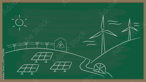 Blackboard illustration of renewable energy sources, including solar panels, wind turbines, and power lines