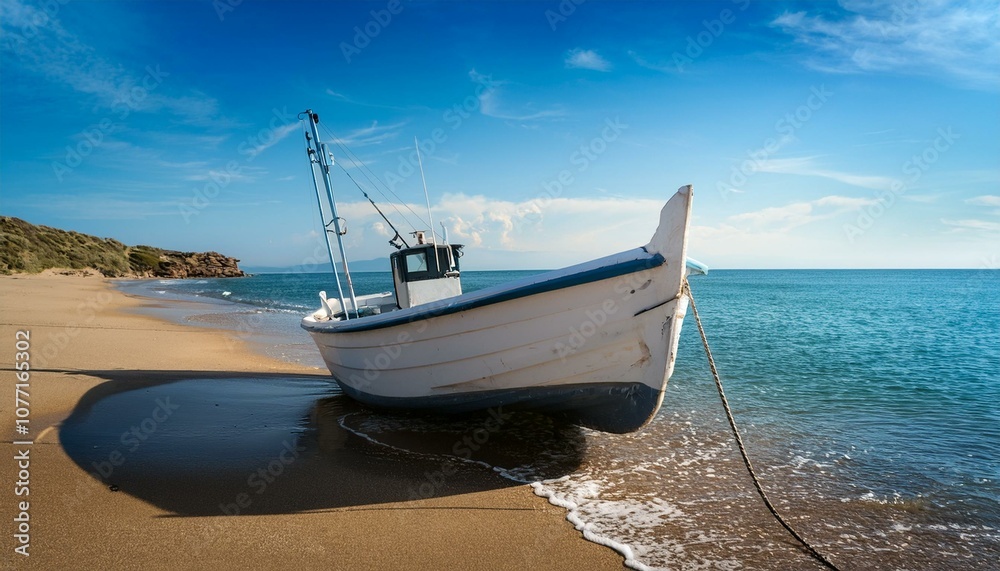 Obraz premium Stranded at Dusk: A Fisherman’s Boat Trapped on the Sandy Shore