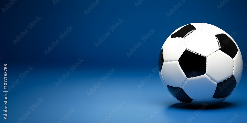 Naklejka premium A dynamic football icon placed on the right side, set apart on a panoramic blue background with room for text --ar 3:2 --s 50