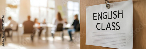 Classroom scene with English lesson sign on door, educational background