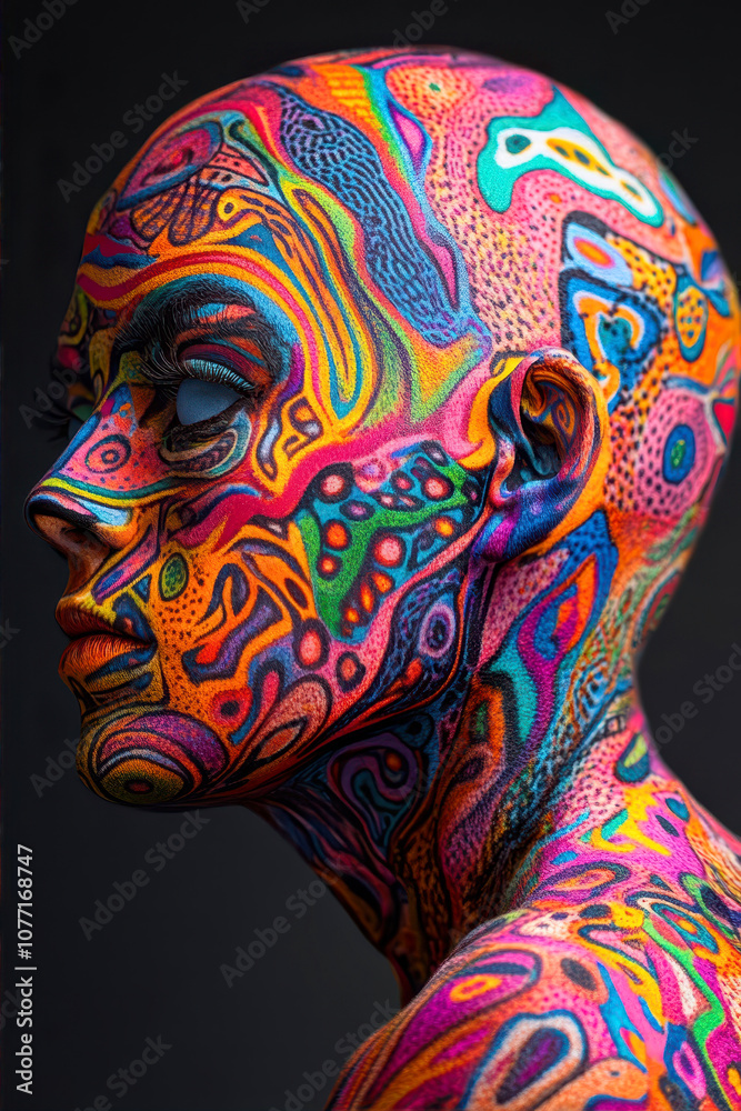 Obraz premium Vibrant Portrait of a Person With Intricate Psychedelic Body Art Against a Dark Background