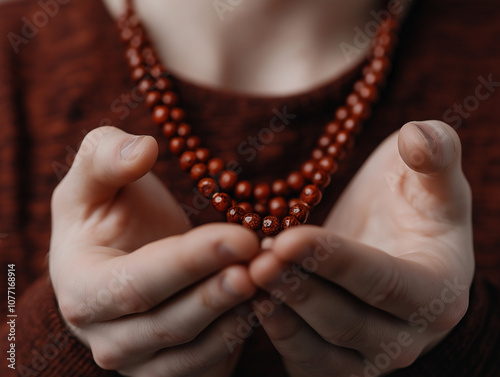 Person reciting prayers with a mala bead photo