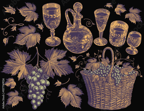 Grapes and crystal glasses. Winemaking. Design set. Editable hand drawn illustration. Vector vintage engraving. Isolated on black background. 8 EPS