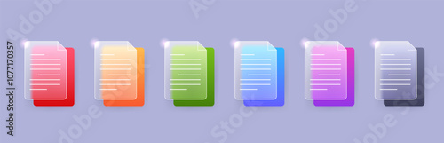 Glass morphism document file icon set in various color. Vector business paper element illustration