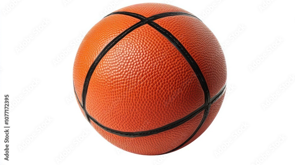 Fototapeta premium Closeup Shot of Basketball, Textured Orange Leather Sphere with Black Stripes, Isolated on White Background - Concept: Sports Equipment for Professional Basketball Game