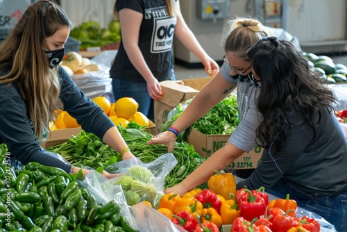 A diverse group of volunteers standing around a table filled with fresh vegetables, sorting through bags of produce, Volunteers sorting through bags of fresh produce photo