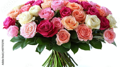 Beautiful bouquet of roses in various colors, showcasing pink, peach, and white blooms, perfect for any occasion. vibrant arrangement is lush and full of life