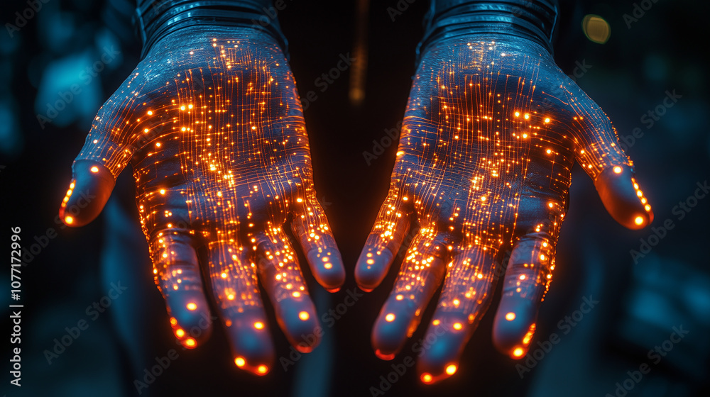 A pair of hands wearing gloves with sensors, controlling a virtual reality landscape, symbolizing the connection between touch and digital worlds