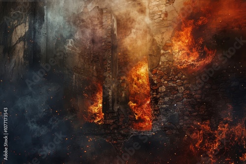 A fire blazing in a forest, engulfing trees and causing destruction, Walls collapsing under the intense heat of the fire