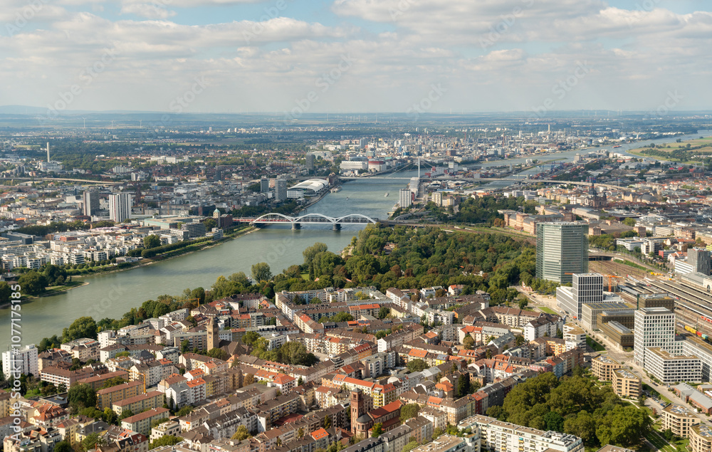 Fototapeta premium Mannheim and Ludwigshafen in Germany seen from a small plane