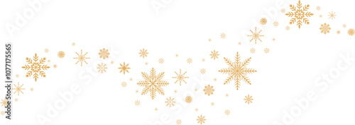 Snowflakes falling in doodle style, vector illustration. Wave of cold winter air in windy weather. Snowflakes outline for print and design. Isolated golden element on white background. 
