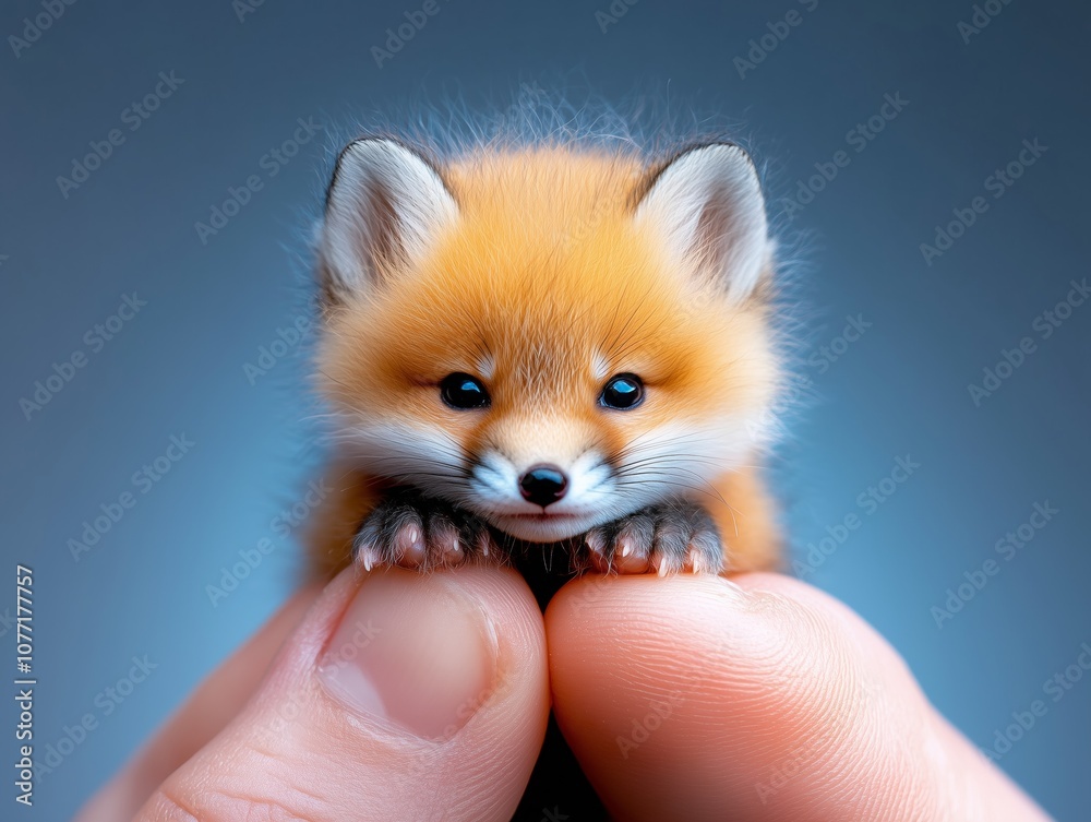 Obraz premium Adorable Tiny Fox Cub Held Gently in Hands, Close-up Portrait with Blue Background