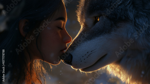 Her lips close to the wolfâs ear, as if whispering, with both faces illuminated by soft, silvery light photo