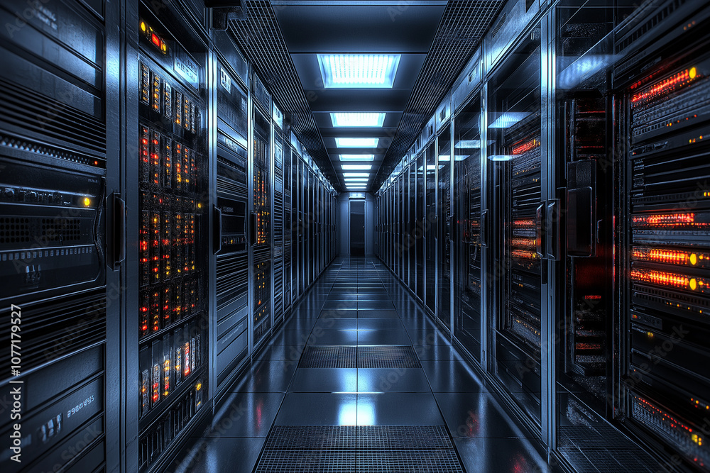 Fototapeta premium Moderner, großer Serverraum mit Rack-Systemen, Kabeln und technischer Ausstattung. Perfektes Stockfoto für Themen wie IT, Technologie, Cloud-Computing oder Rechenzentrum