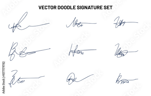 Set of autograph fictitious, handwritten fake signature. Isolated doodle on white background, vector illustration