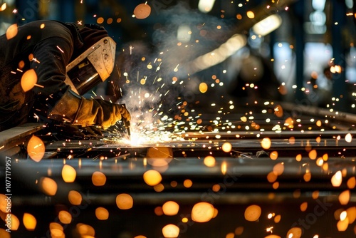 A welder working on a piece of metal, sparks flying as they join metal frames together, Welding sparks flying as workers join metal frames photo