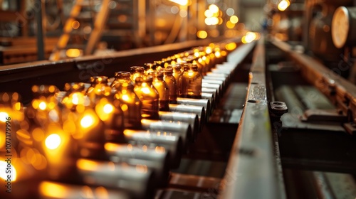 Production of brewing and bottling craft beer at a beer production plant. Conveyor with beer bottles.	
