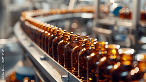 Production of brewing and bottling craft beer at a beer production plant. Conveyor with beer bottles.	
