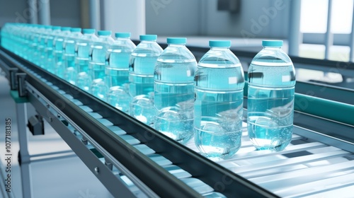 Production and bottling of clean and healthy water in a bottled water production plant. Conveyor with bottles.	