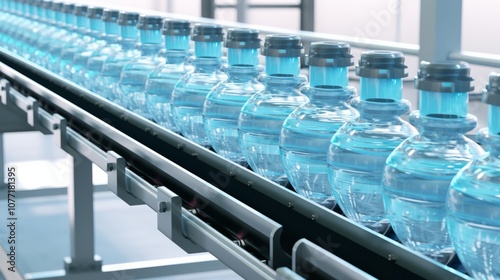 Production and bottling of clean and healthy water in a bottled water production plant. Conveyor with bottles.	