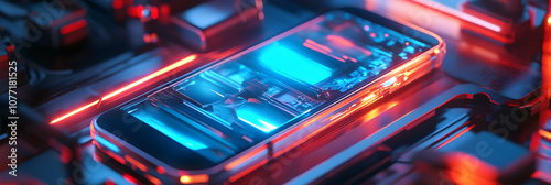 Futuristic Smartphone Upgrading with Holographic Components in High-Tech Environment photo