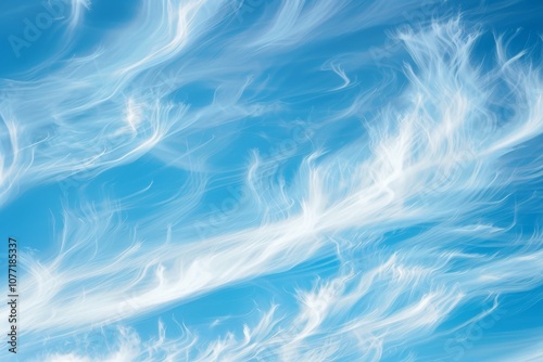 A sky with wisps of white clouds against a blue backdrop, Wisps of cloud-like shapes in a serene sky blue backdrop photo
