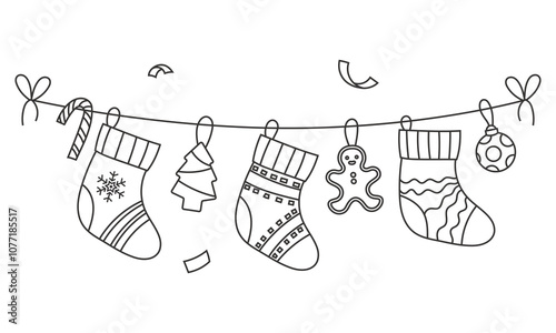 Christmas colouring book with gift socks on a string